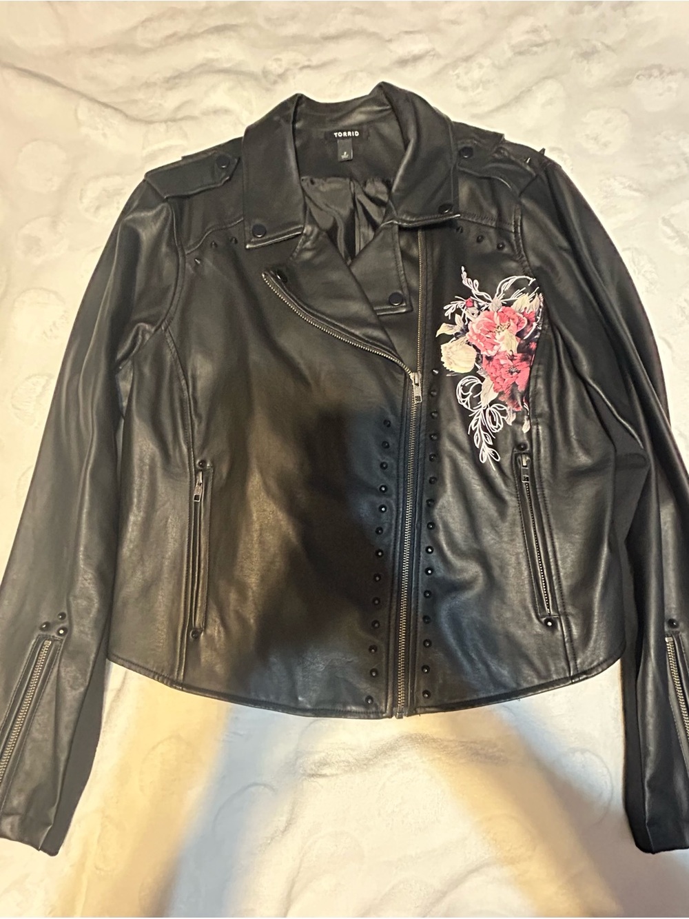 torrid Black Faux Leather Moto Jacket with Pink & Cream Floral Embroidery
